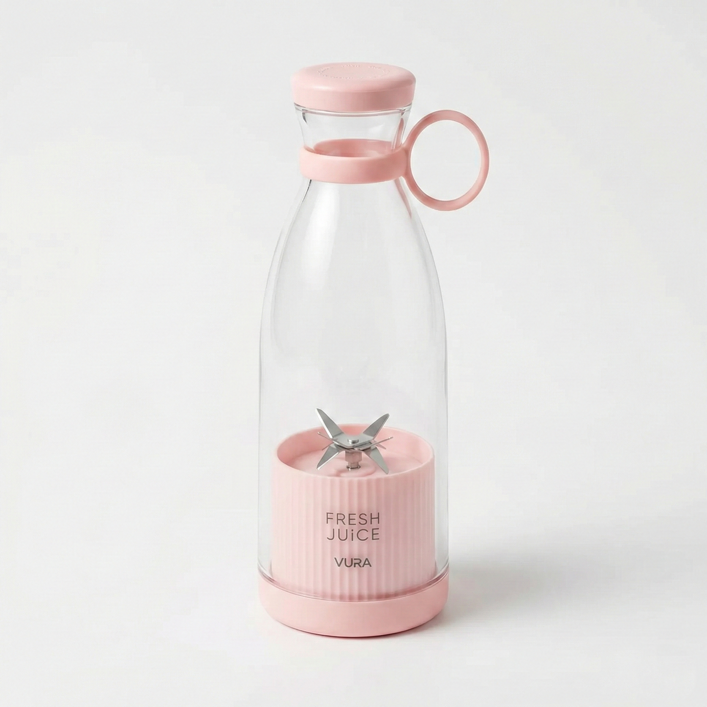 Pink and clear blender with 'Fresh Juice' text on a white background