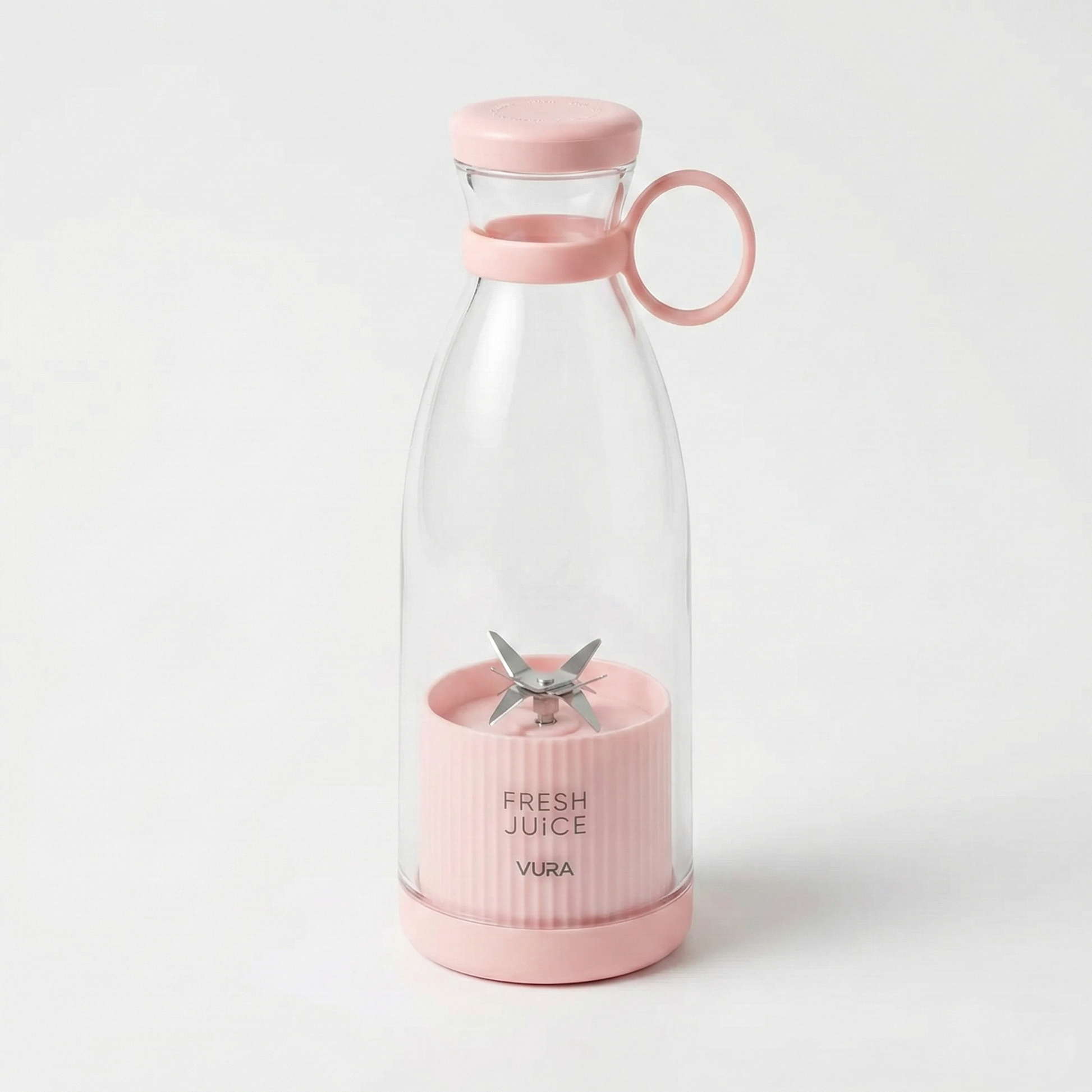 Pink and clear blender with 'Fresh Juice' text on a white background
