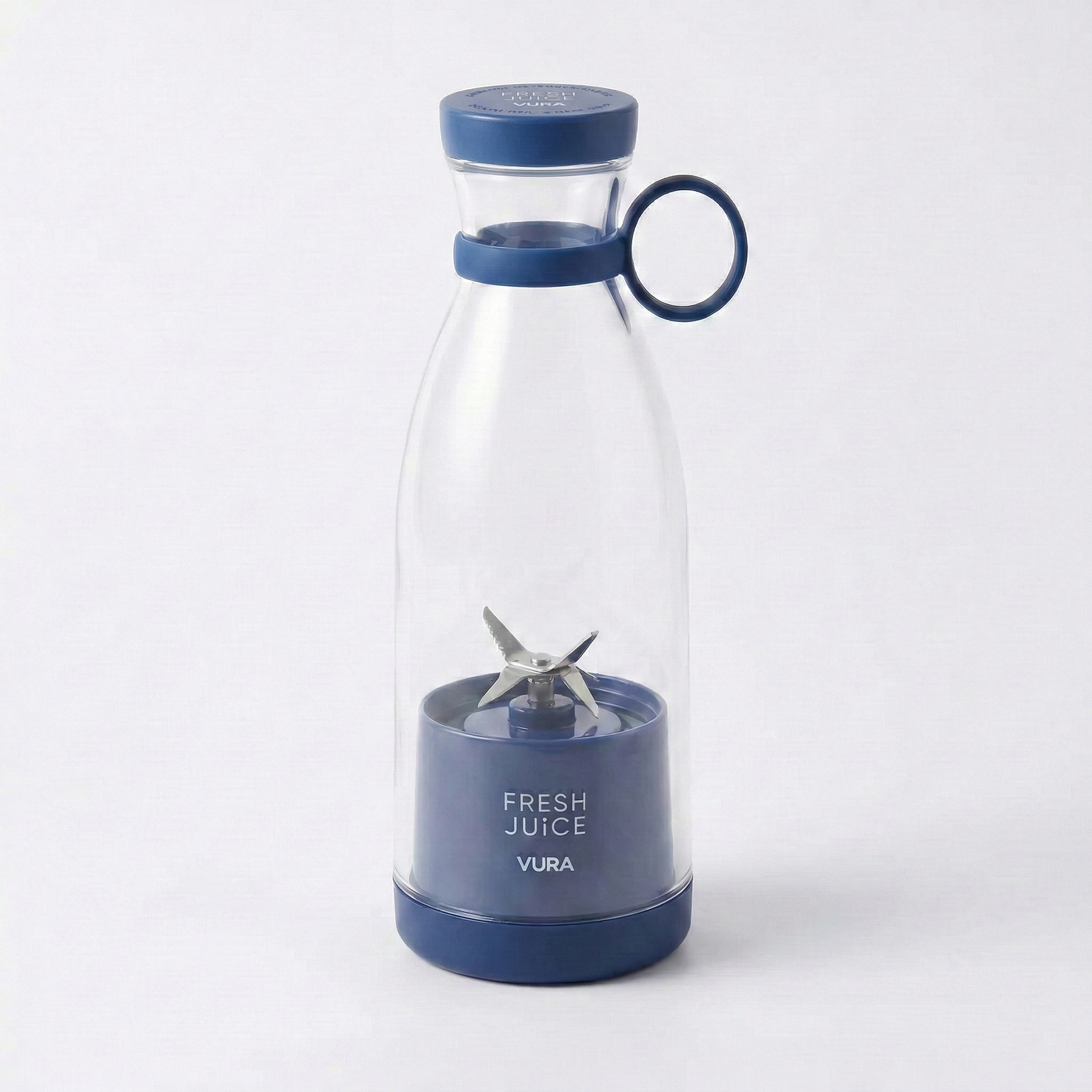 Blue and clear portable blender with 'VURA' branding on a white background