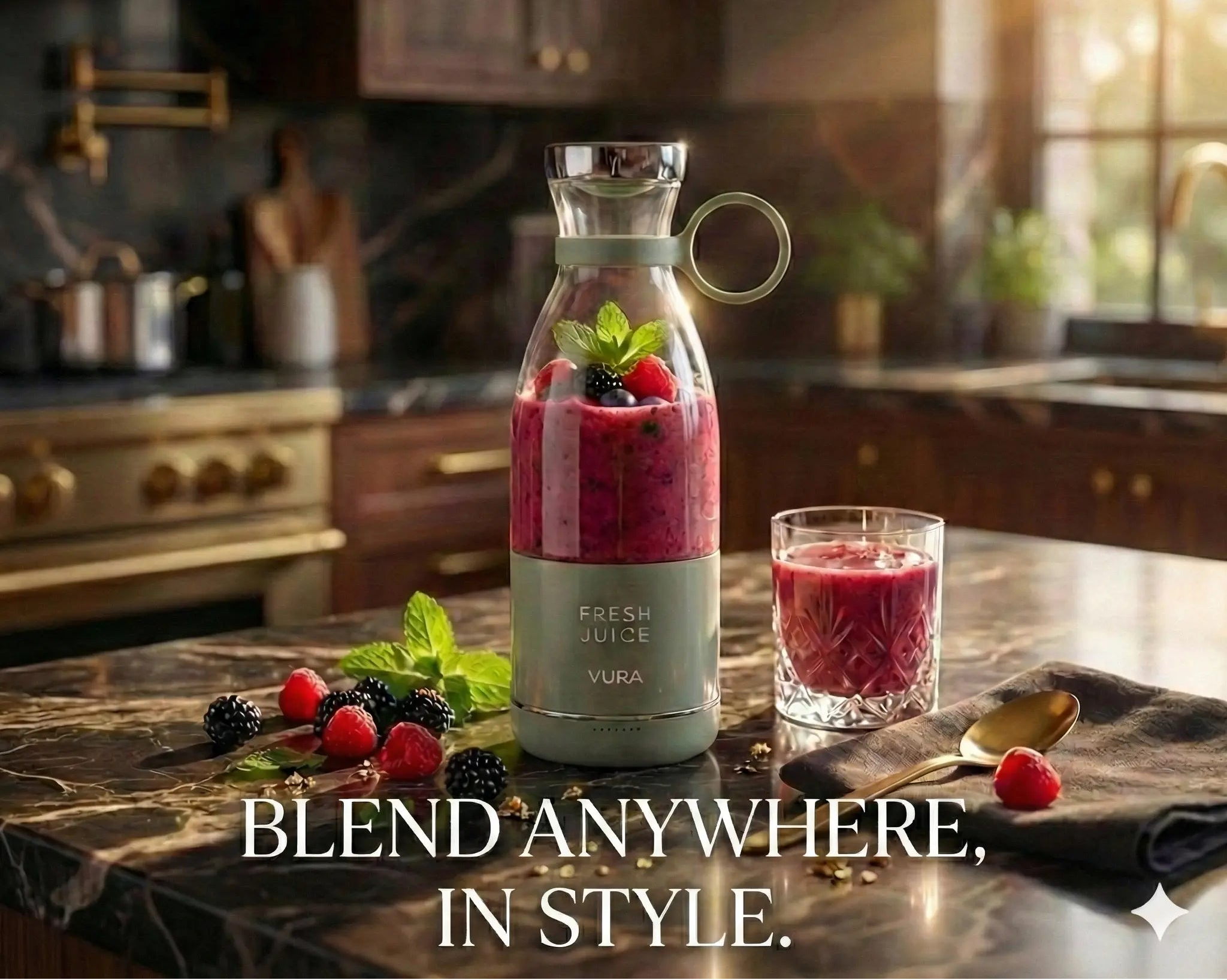 Bottle of smoothie with berries on a kitchen counter, text 'Blend Anywhere, In Style'.